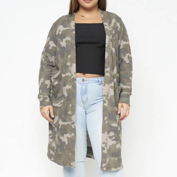 NEW PLUS Size Camo Waffle Knit Cardigan - Picture 2 of 8